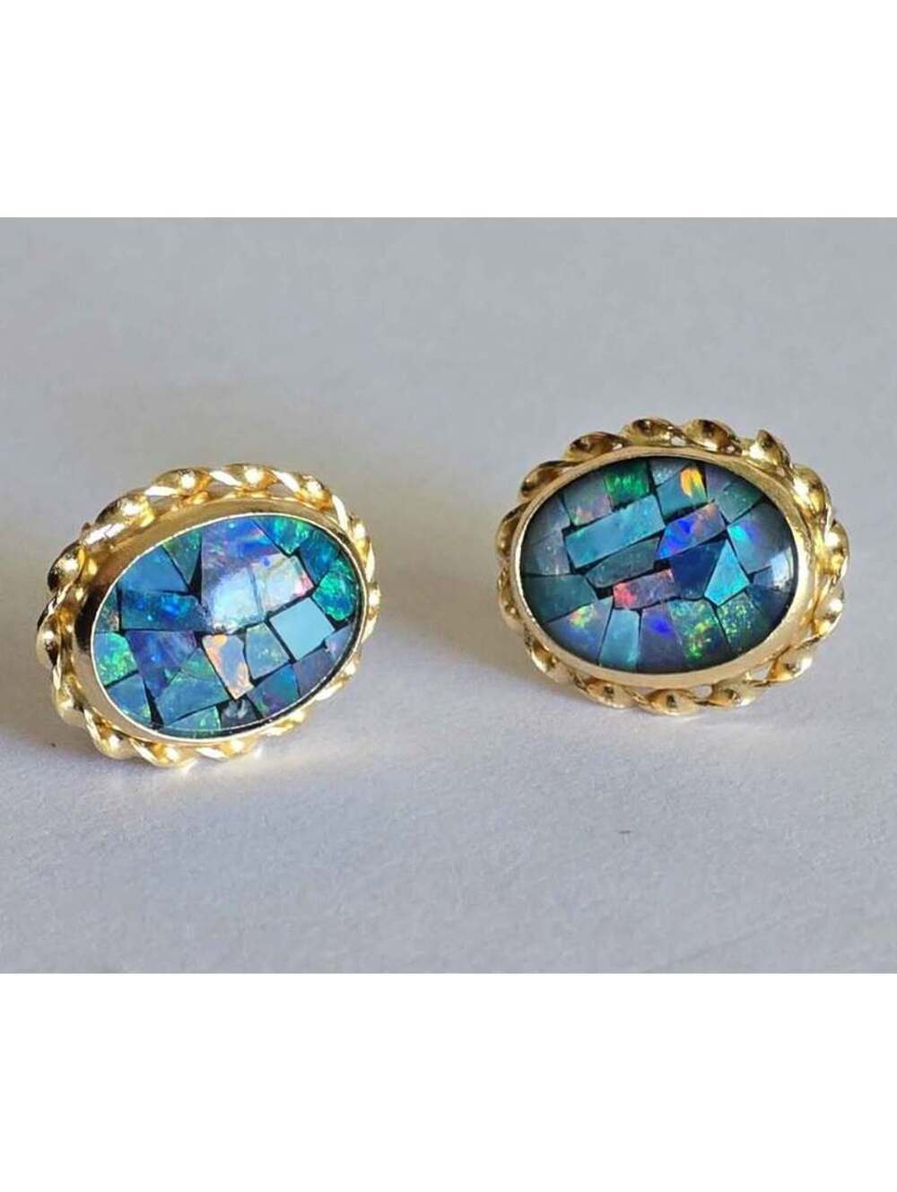 Vintage 14kt GOLD & MOSAIC OPAL EARRINGS
